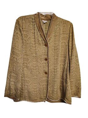 J. Jill 100% Silk Large Gold Tone Blazer Jacket Velvet Trim, Floral, Button